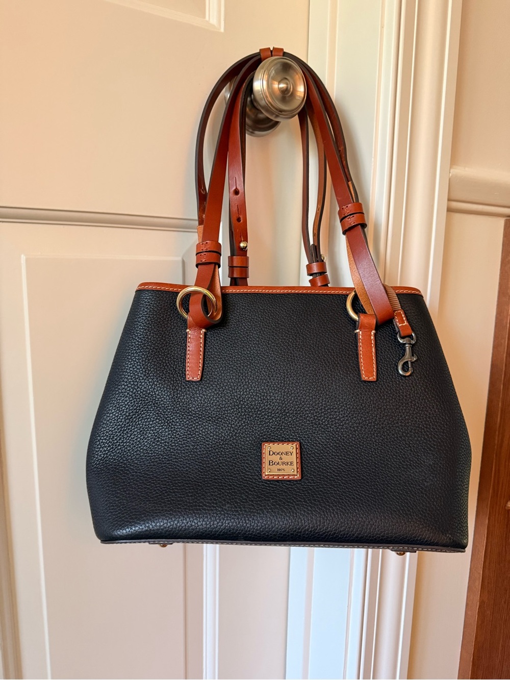 Dooney & Bourke Black Pebble Leather Shoulder Bag with Brown Trim